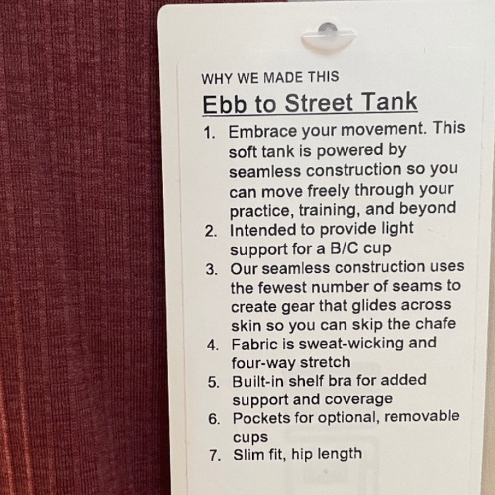 ❤️ Lululemon Ebb to Street Tank in Smoky Red Size 6 NWT - Picture 6 of 6